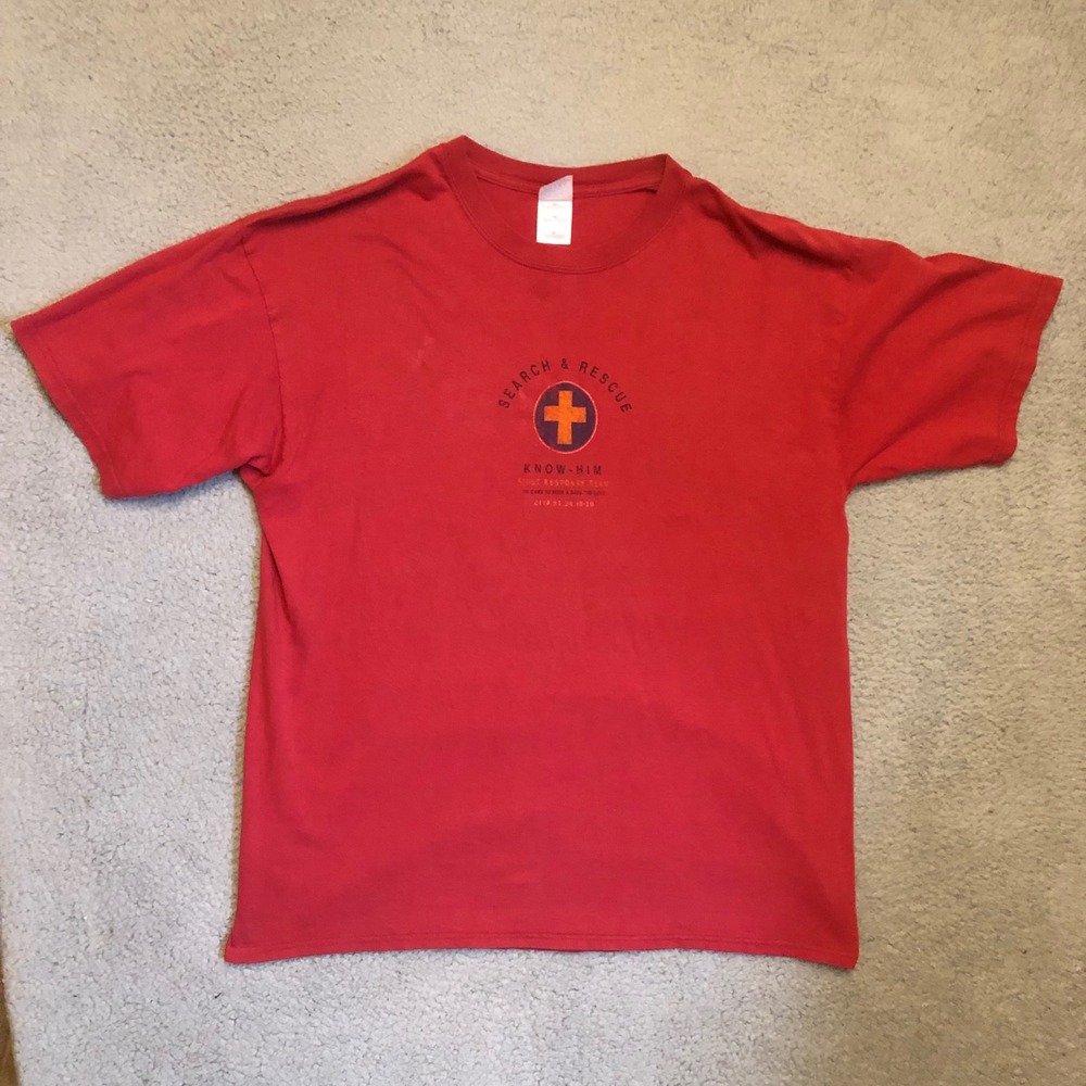 Vtg Y2K Jesus Tee Search & Rescue Christian Graphic T-Shirt Red XL God